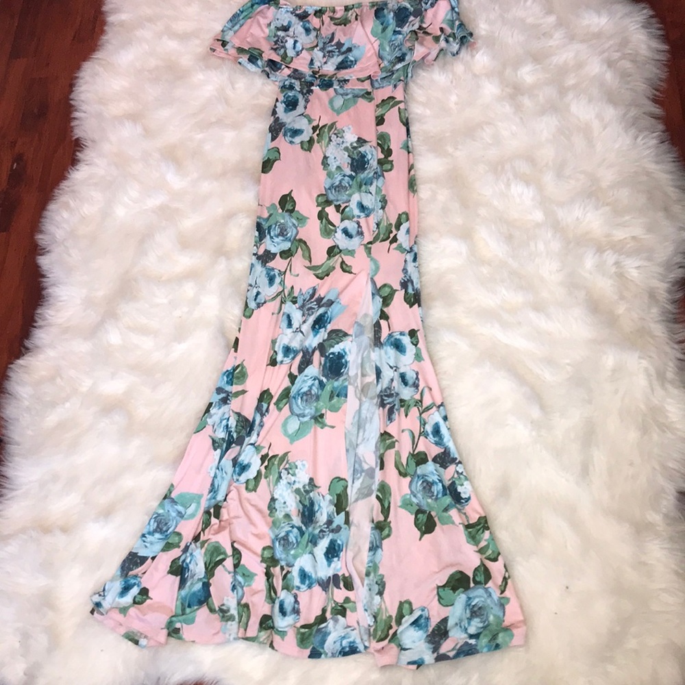 Long pink & blue floral dress
